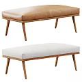 Modern Brown and Light Gray Upholstered Benches with Wooden Legs and Striped Throw Blanket